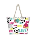 Detail of the beach tote bag featuring a cute panda print and colorful Love lettering - White Panda Balloon Style (jiayingstb26)