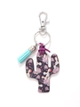 Wooden cactus keychain featuring dark floral print with purple leather and blue tassel - Dark Background Floral Cactus/Blue Tassel