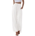 Women's white wide-leg casual pants with high waist drawstring and side pockets - White