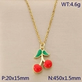 Golden necklace with cherry pendant featuring red enamel fruit and green leaves decoration - Drip Oil Process Cherry (KN292077-Z)