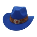 Detail of blue western cowboy hat featuring leather band and vintage silver buckle - One Size / Sapphire Blue