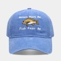 Washed cotton baseball cap in light blue featuring humorous fish embroidery design - Light Blue