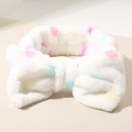 Soft white plush headband with colorful polka dots and large bow tie for facial washing - White Polka Dot