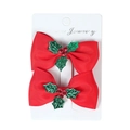 Paio di fermagli natalizi rossi con foglie di agrifoglio glitterate su carta - Decorazione di Agrifoglio di Natale / Rosso
