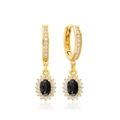 Detail view of gold earrings featuring black oval gemstones with micro-pave diamond halo - Black