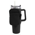 Detail of a black neoprene 40oz tumbler sleeve with a detachable zipper storage pouch - Double Pocket Black