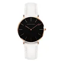 Orologio al quarzo minimalista da donna con quadrante nero e cinturino in pelle bianca - Cassa Oro Rosa Cinturino Bianco
