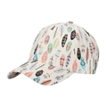Detail view of colorful bohemian feather prints on an ivory white baseball cap fabric - One Size / Off White