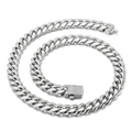 Chaîne cubaine en acier argenté avec fermoir carré serti de diamants brillants - Collier / 10 mm Largeur / 45 cm Longueur / Couleur Acier