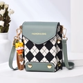 Green and checkered PU leather small crossbody bag with metal chain and fashion pendant - Lattice Green