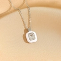 Minimalist silver titanium necklace featuring white enamel border and zircon stone pendant - Silver White Square Sugar (8188)