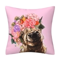 Pink decorative pillow cover featuring a cute highland cow with a colorful flower crown - 11 Highland Cow