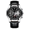 Classic men's chronograph watch with black crocodile leather strap and silver steel case - Silver Case Black Dial