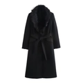 Detail of elegant black long wool coat featuring a plush faux fur collar and waist belt - XS / Black