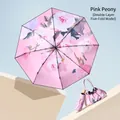 Mini five-fold UV sun umbrella with pink peony floral pattern and matching storage bag - Pink Peony (Double Layer 5-Fold)