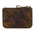 Detailed close-up of dark brown genuine leather coin purse with textured finish and zipper - Crazy Horse Brown