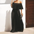 Close-up of the pleated texture and flowy chiffon fabric of this black off-shoulder dress - S / Dresses / Black