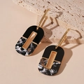 Dark style marble acrylic oval geometric earrings with gold accents in 45-degree view - Black and White Marble Splicing Black Geometric (Silver Needle)