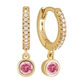 Elegant gold hoop earrings with white zircon and round pink gemstone pendant - Pink (Gold)