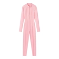 Pink slim fit long sleeve jumpsuit with stand collar and zipper front view - S / Pink