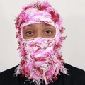 Distressed knit balaclava in pink camouflage mohair style for street fashion trends - One Size / Pink Camouflage