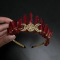 Detail of red crystal crown with golden moon accents held against a black background - Dark Red + Gold Wire Gold Headband Gold Moon