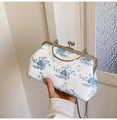 Elegant white lace clutch bag with blue floral embroidery and round metal handle - Blue
