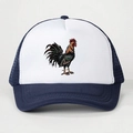 Detailed close-up of a blue mesh trucker hat with a colorful rooster print on white panel - One Size / Navy Blue