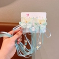 Pair of light green butterfly hair clips with long blue ribbons and tassel chains - Butterfly Green Ribbon