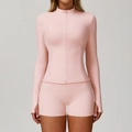 Completo yoga rosa baby 3 pezzi con giacca a zip e pantaloncini in uno stile sportivo - Taglia S / Top E Pantaloni / Rosa Pesca