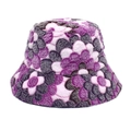 Cappello a secchiello in peluche invernale con motivi floreali viola e grigi su bianco - M (56-58cm) / Viola