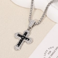Silver cross necklace with black square stone and clear zircon pavé on a box chain - Cross / Silver Chain with Black Pendant