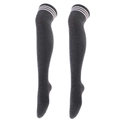 Detail of dark grey over-the-knee socks featuring three white stripes and cotton knit texture - One Size / Dark Grey with White Stripes