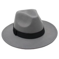 Detail view of grey wool felt jazz fedora hat featuring a classic black grosgrain band - One Size / Light Gray
