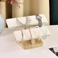 Double-tier solid wood jewelry display stand with white microfiber rolls for watches - 2-Tier Solid Wood Bracelet Stand-Beige Velvet
