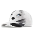 Detailed view of realistic husky print with blue eyes on a white cotton baseball cap - Adjustable / Husky Realistic Style (05)