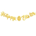 Dettaglio dello striscione dorato Happy Easter con uovo glitterato su sfondo bianco - Oro Glitter Happy Easter