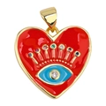 Macro detail of red heart pendant with evil eye motif and colorful crystal inlay - Red Enamel Eye Style