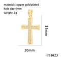 Dimensioni dettagliate del ciondolo a croce placcato oro 18K con zirconi e foro 4mm - P01023-Zircone Bianco