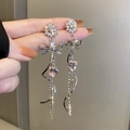 Silver drop earrings featuring snowflake stud, bow detail, and pink heart crystal tassel - 108# Silver Needle-Silver-Bow Tassel-Pink Heart