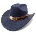 Detailed view of the cowboy hat featuring a longhorn metal buckle and leather strap - M (56-58cm) / Navy Blue