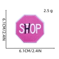 Detail view of pink octagonal SHOP embroidered patch with size markers and dimensions - 7# SHOP Sign