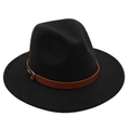 Close-up of black wool fedora hat featuring a brown leather band and silver metal buckle - Black