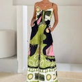 Women's chic V-neck jumpsuit with colorful geometric botanical print and tie-front detail - Green Multicolor