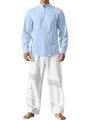 Men's light blue long sleeve Henley shirt with white cotton linen pants set - Light Blue + White