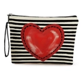 Borsa da trucco a righe in tela con grande cuore rosso e cinturino da polso - Strisce Nero Bianco Cuore Grande