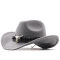 Detail of grey felt cowboy hat featuring a colorful braided band and metal bull skull - Light Gray