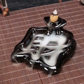 Ceramic backflow incense burner with Fortune character design on dark brown glaze - Wealth