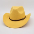 Detail of yellow felt cowboy hat with braided leather band and metal bull head emblem - Yellow
