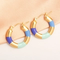 Gold-plated bamboo hoop earrings with purple, blue and mint green enamel accents - Blue Purple Green